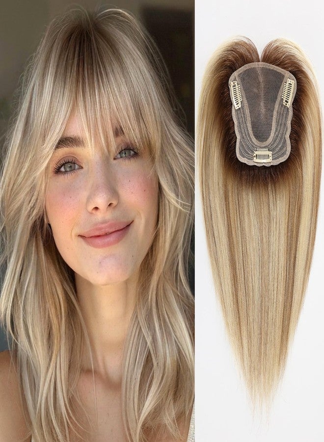 starluck 4.5"*5" Swiss Lace Base Hand-Tied Hair Toppers for Women Real Human Hair Topper，14 inch，With Bangs SilkHug Hair Topper for Women with Thinning or Grey Roots (Brown with Blonde Highlight) - Image 1